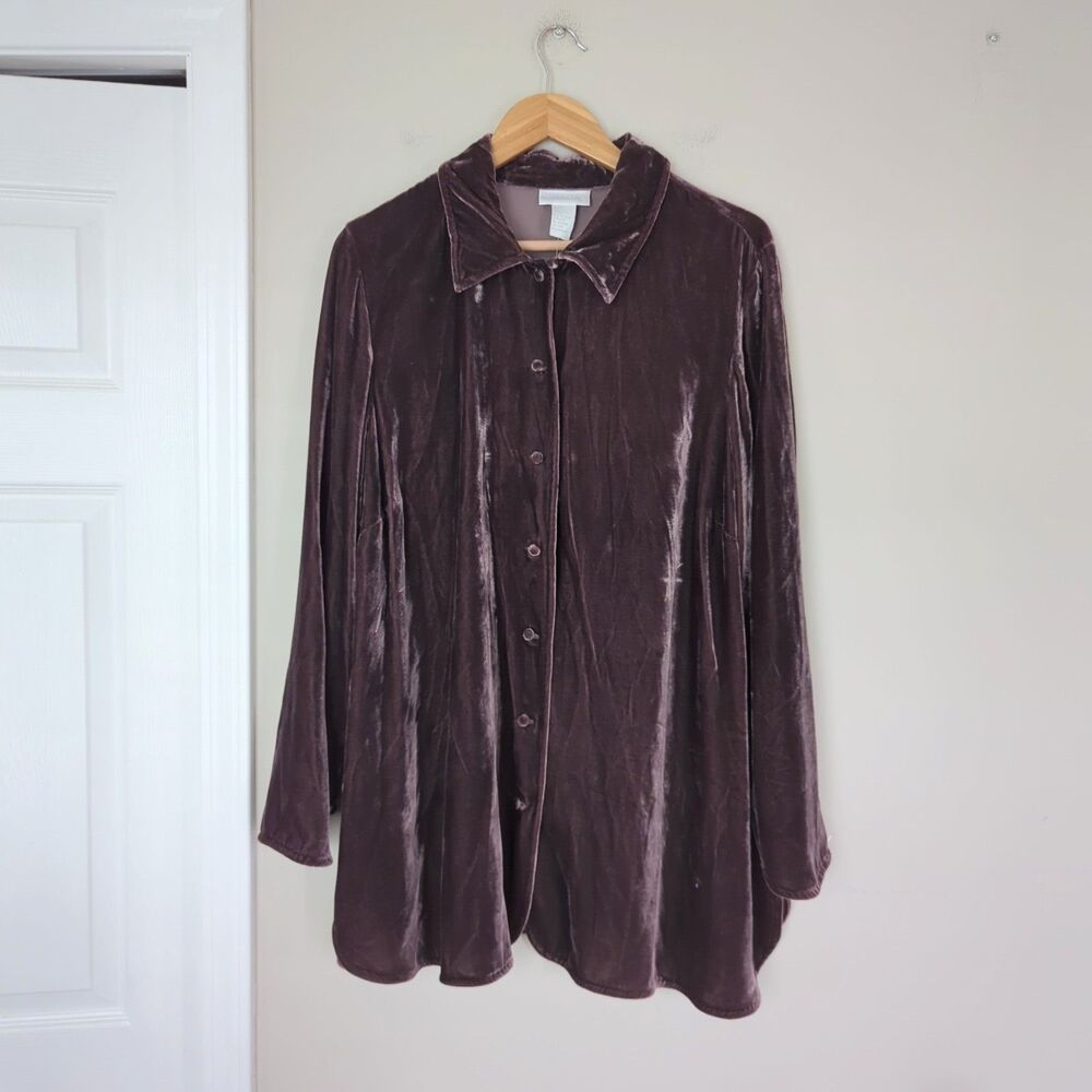 Soft Surroundings NWOT Eggplant Velvet Button Down Shirt Silk Blend Slouchy XL